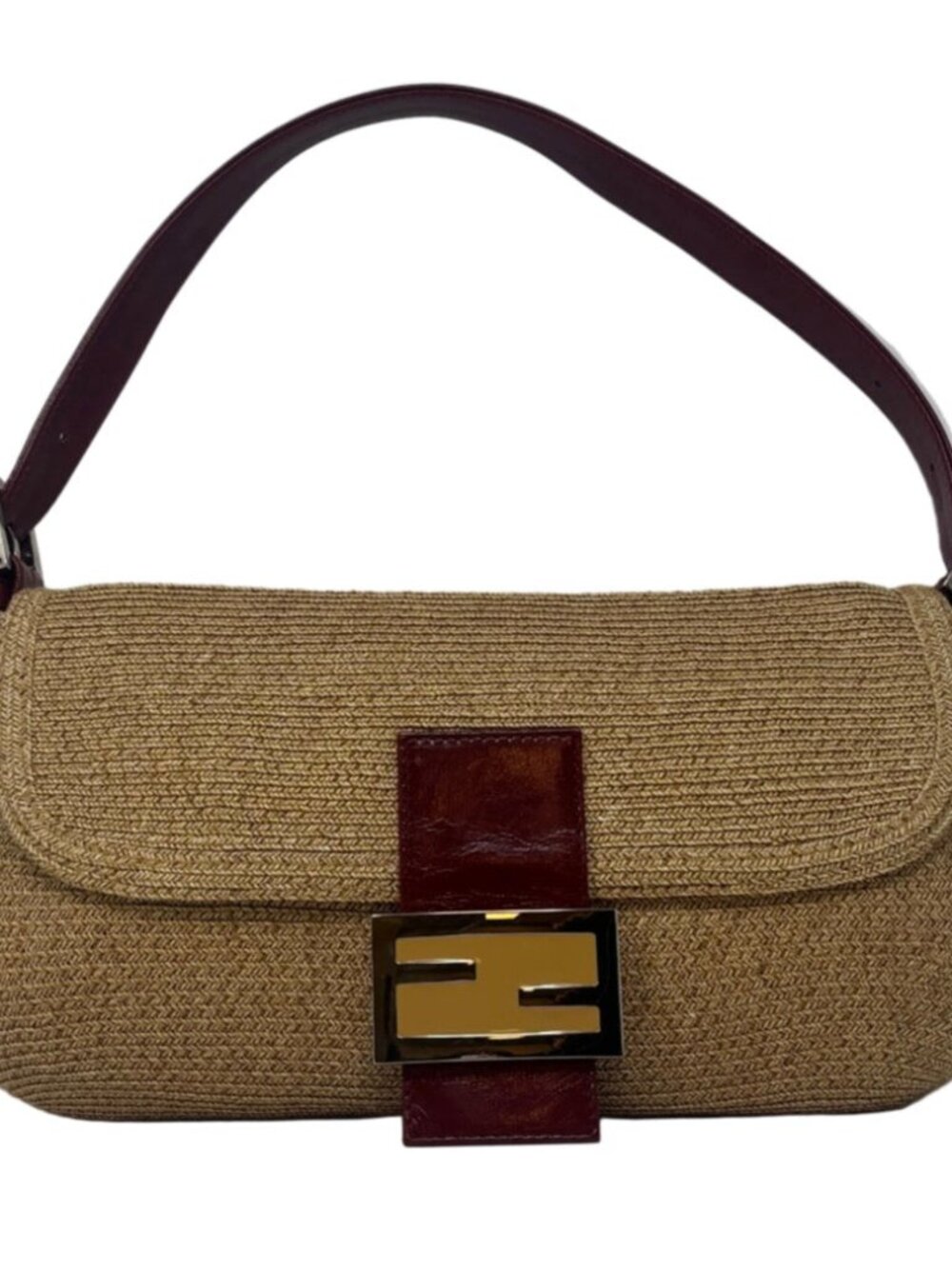 FENDI Raffia Baguette with burgundy leather strap and silver FF buckle